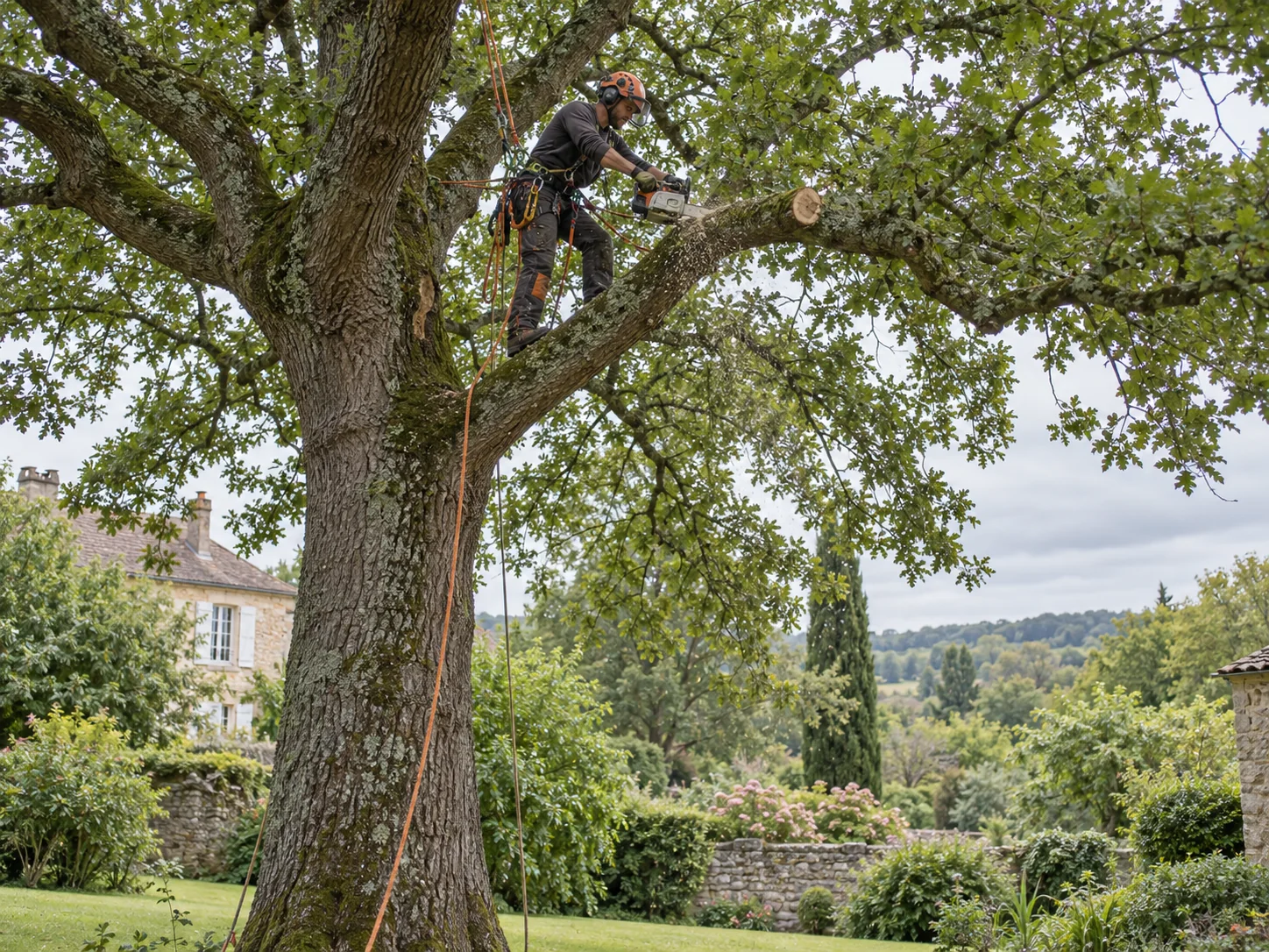 Arboriste au travail dans un chêne