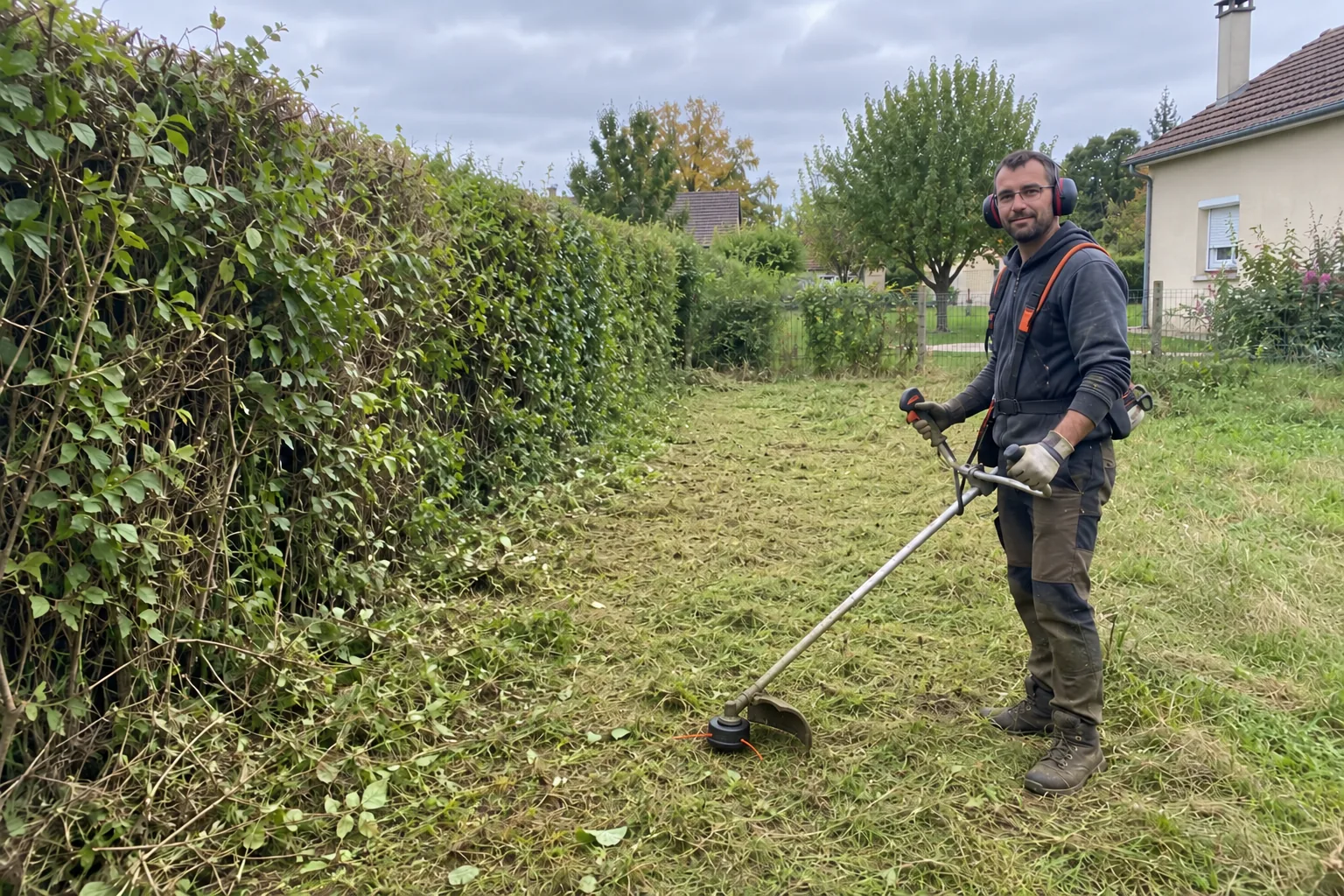 Professionnel utilisant une débroussailleuse pour dégager un terrain dans le Cher