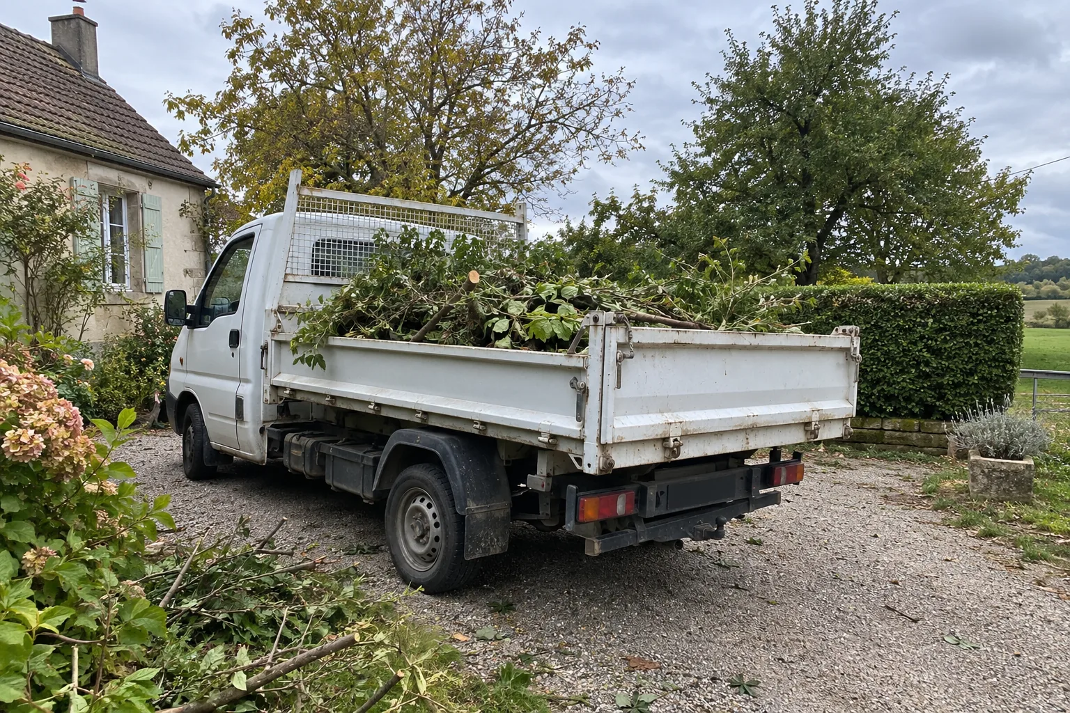 Camion utilitaire sans logo stationné dans un jardin du Cher, avec des végétaux coupés dans la benne