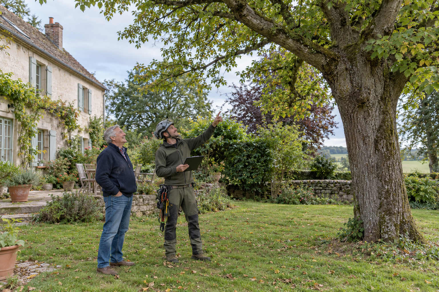 Un élagueur présente un arbre à un propriétaire pendant une visite préalable